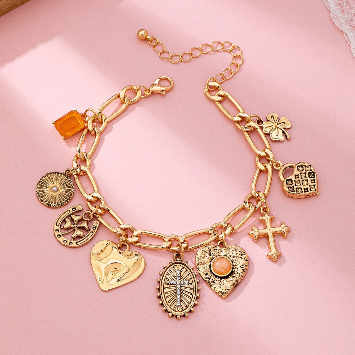 Charm Bracelet, Cross Heart Oval Motifs
