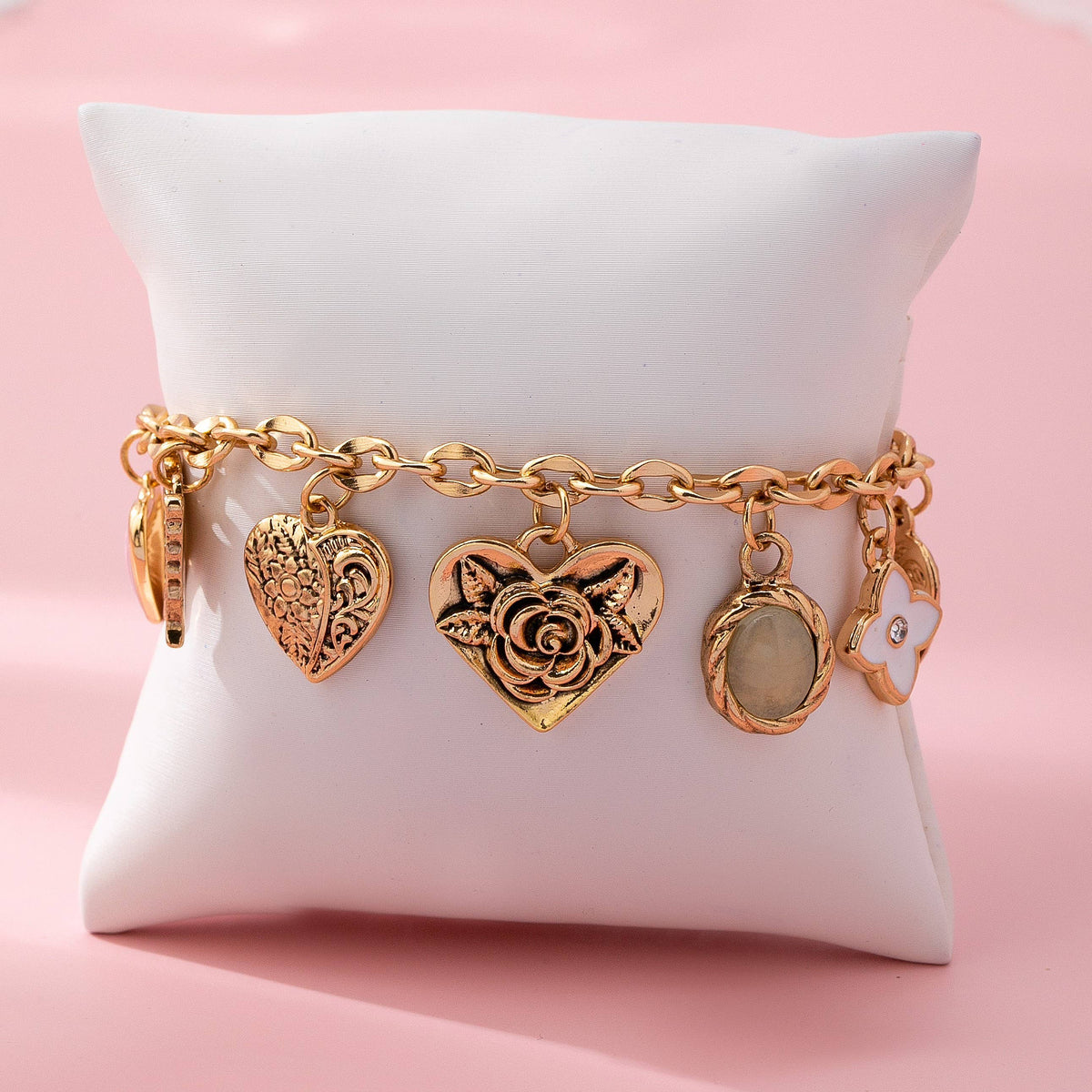 Charm Bracelet, Gold with Hearts & Flowers