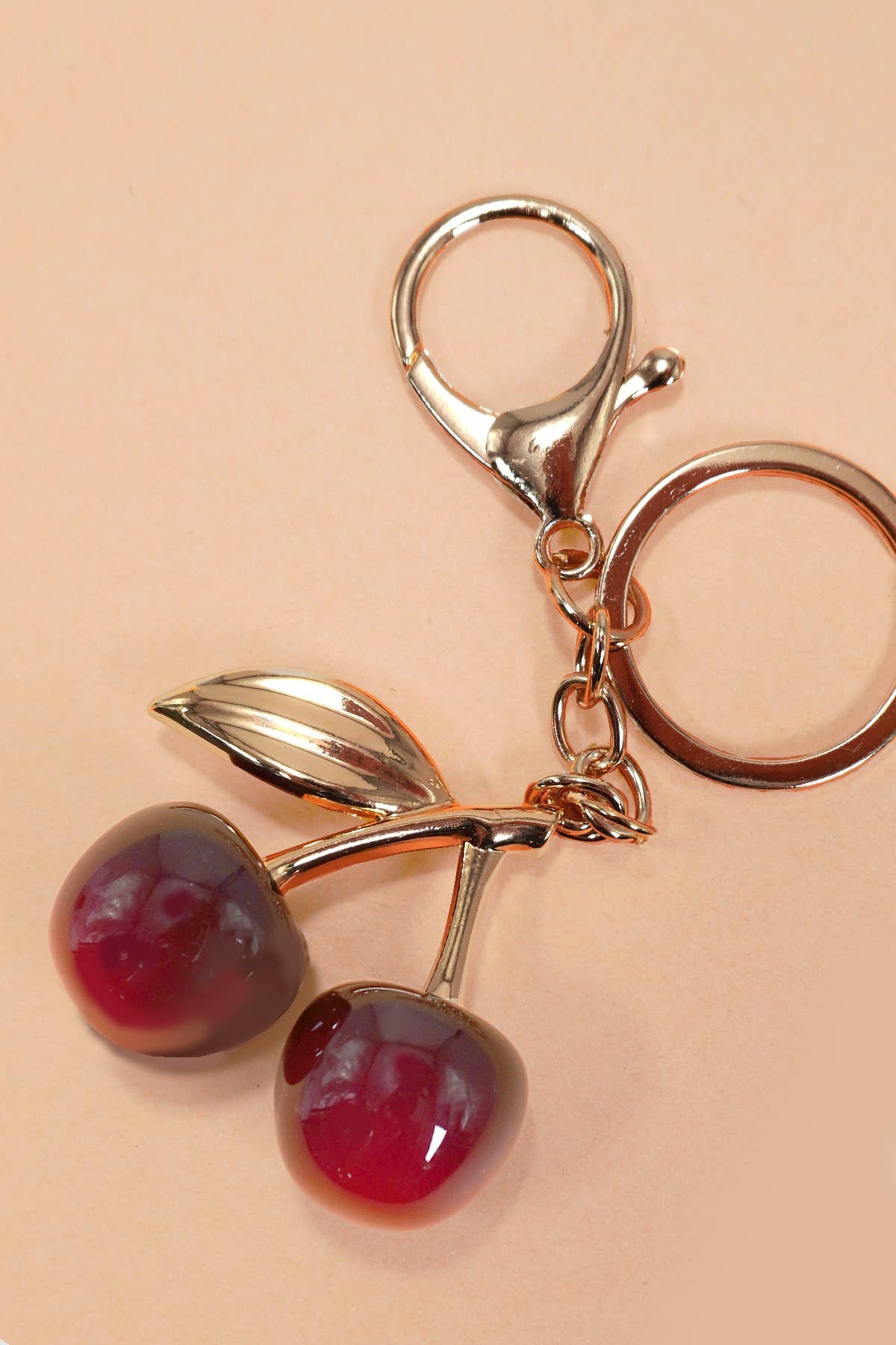 BAG CHARM, SHINY CHERRY DROP WITH LEAF