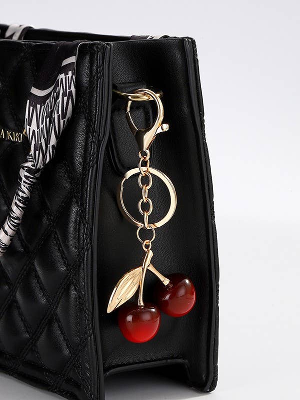 BAG CHARM, SHINY CHERRY DROP WITH LEAF