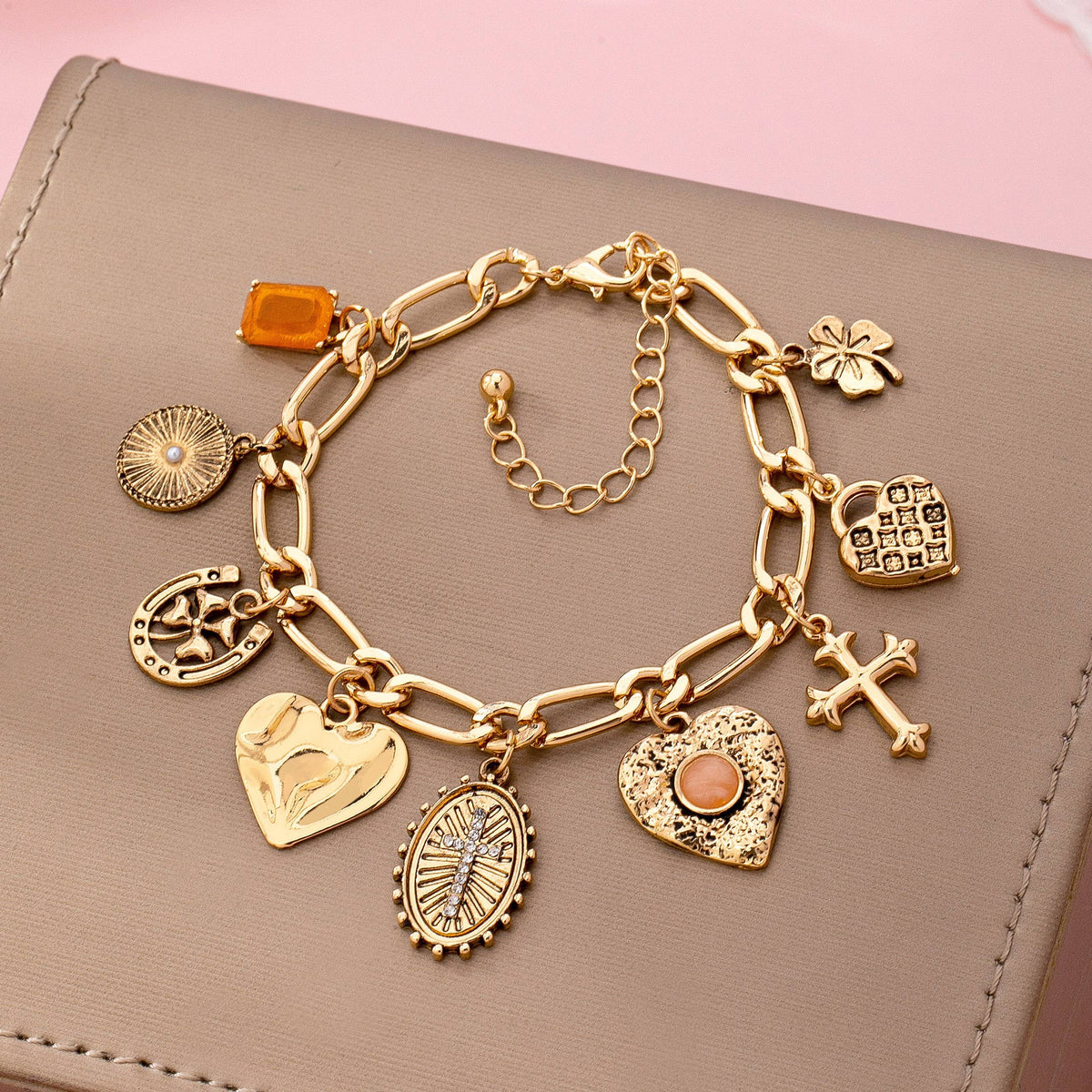 Charm Bracelet, Cross Heart Oval Motifs
