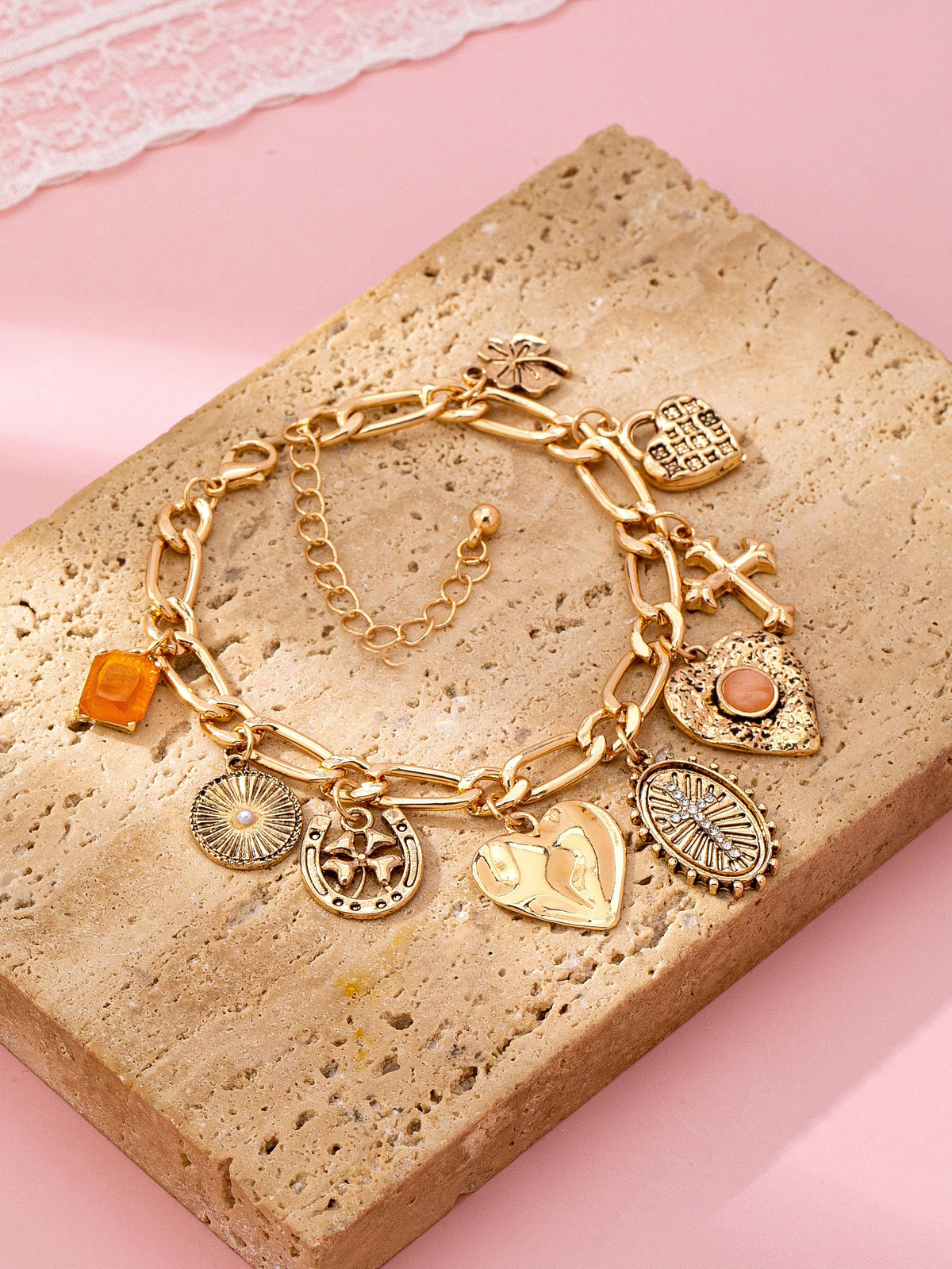 Charm Bracelet, Cross Heart Oval Motifs