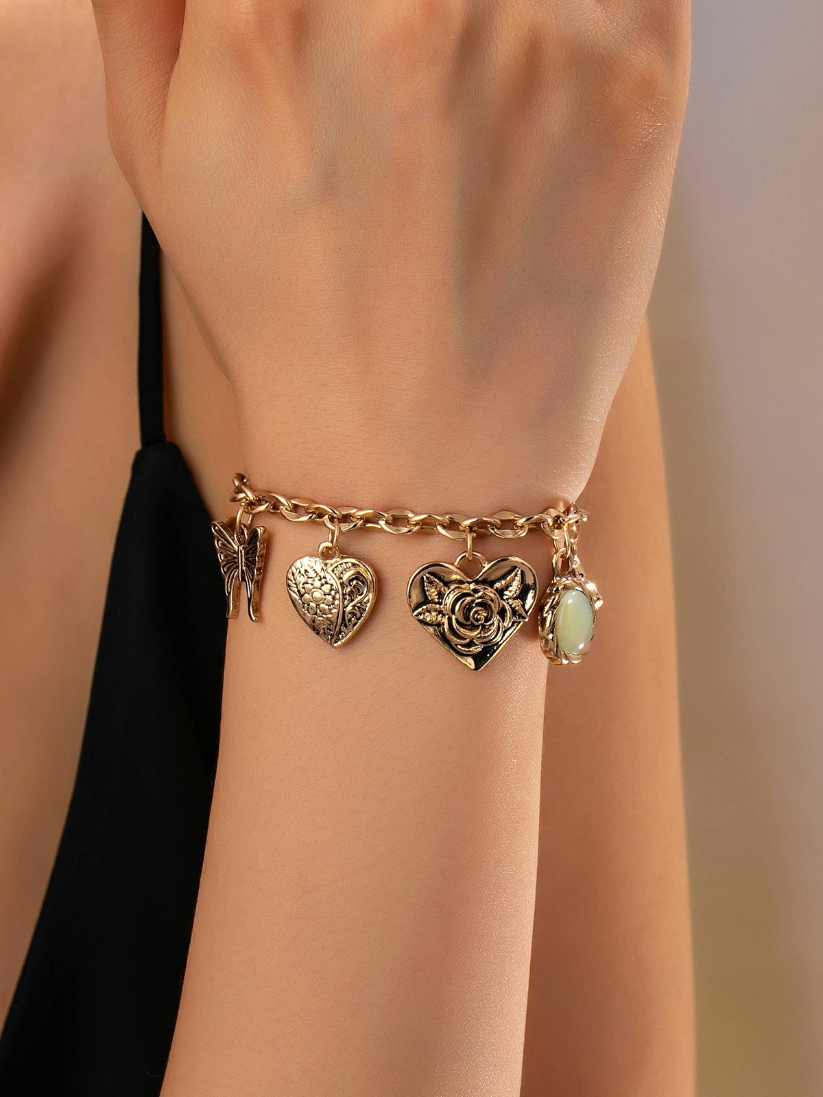 Charm Bracelet, Gold with Hearts & Flowers
