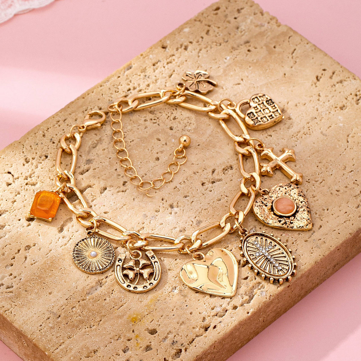 Charm Bracelet, Cross Heart Oval Motifs