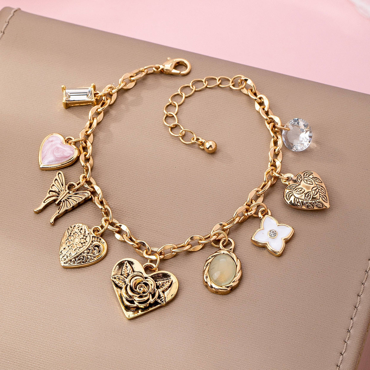 Charm Bracelet, Gold with Hearts & Flowers