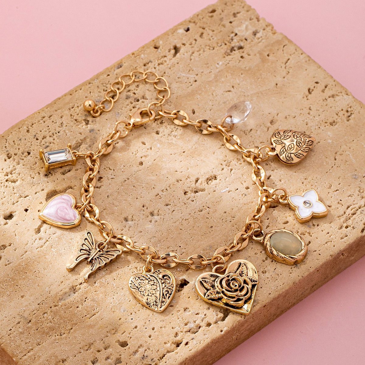 Charm Bracelet, Gold with Hearts & Flowers