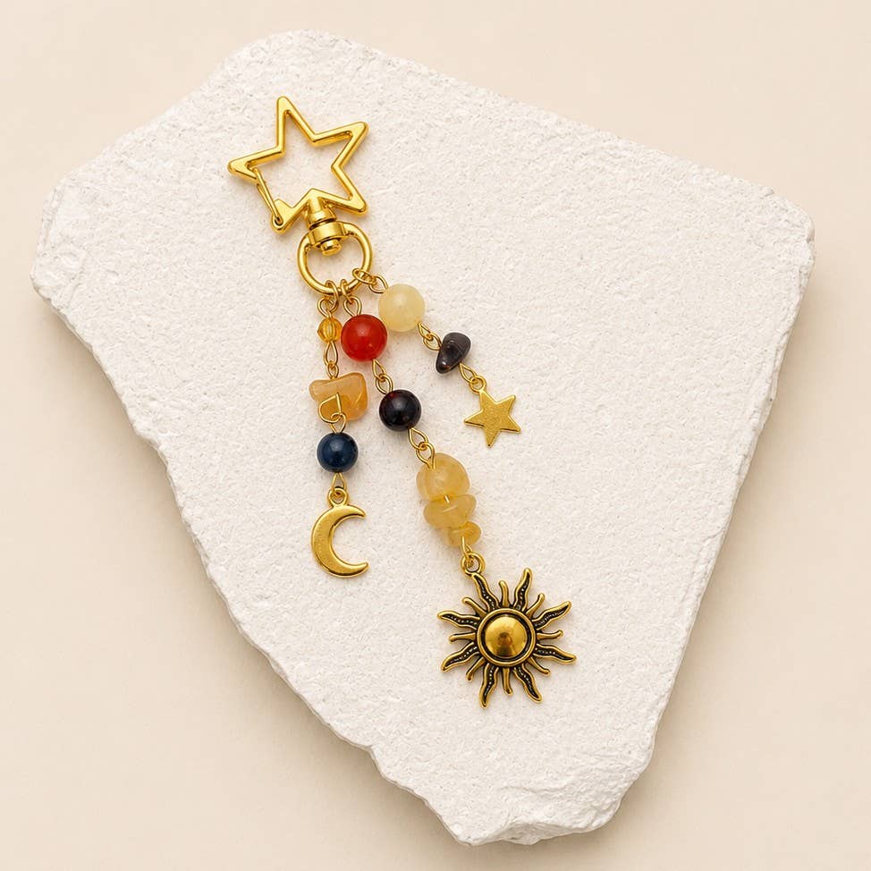 KEYCHAIN, STAINLESS CELESTIAL SUN MOON STAR BEADED