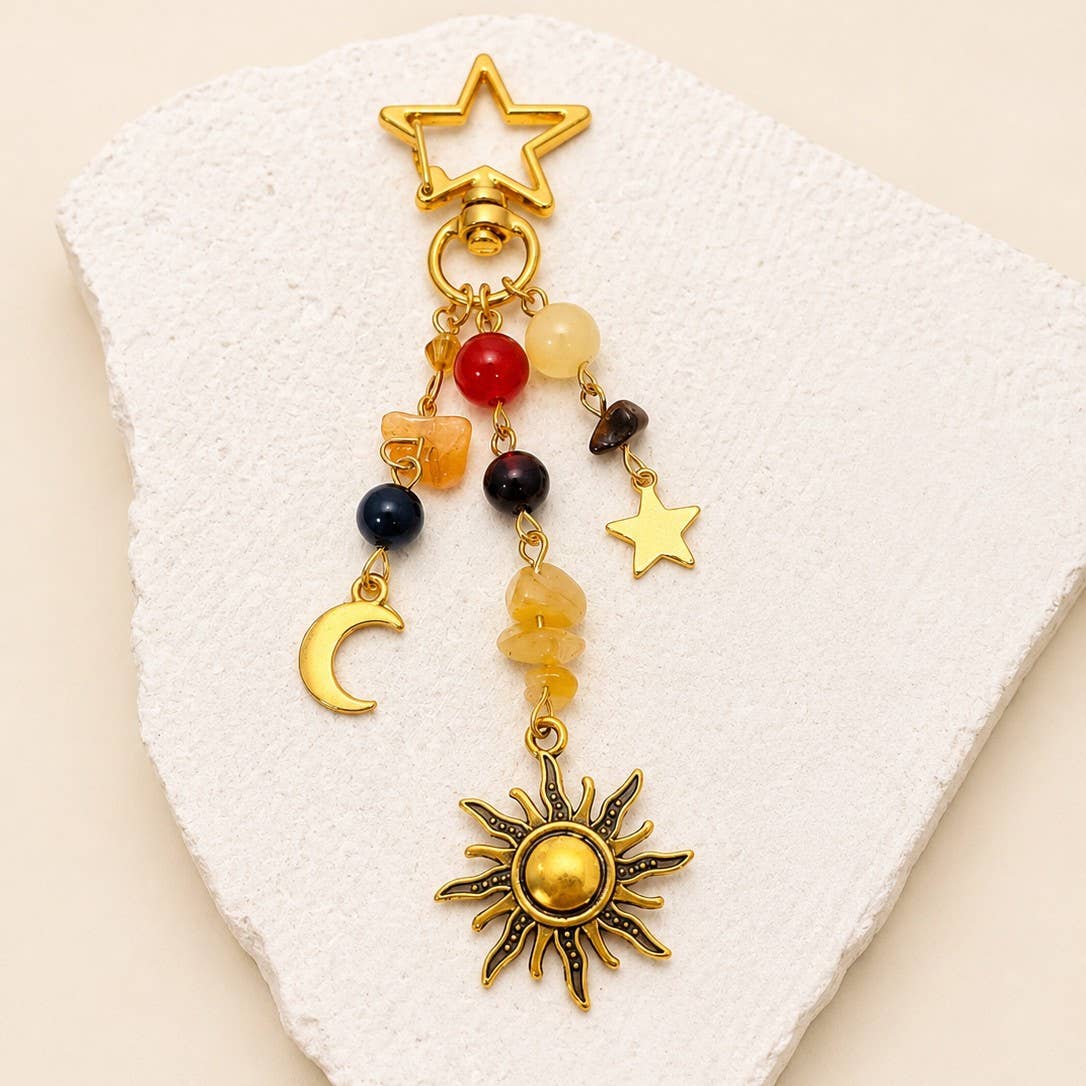 KEYCHAIN, STAINLESS CELESTIAL SUN MOON STAR BEADED