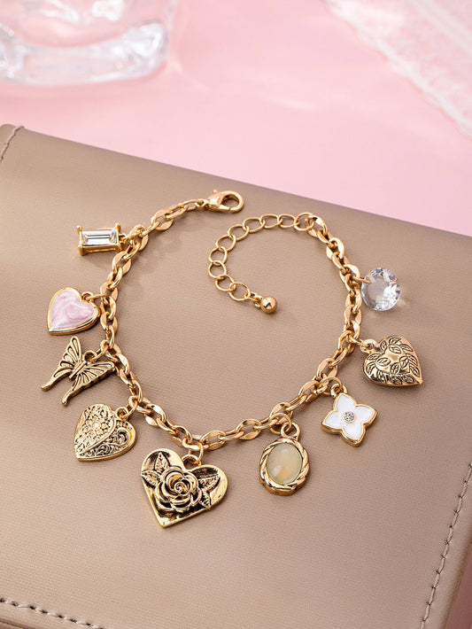 Charm Bracelet, Gold with Hearts & Flowers