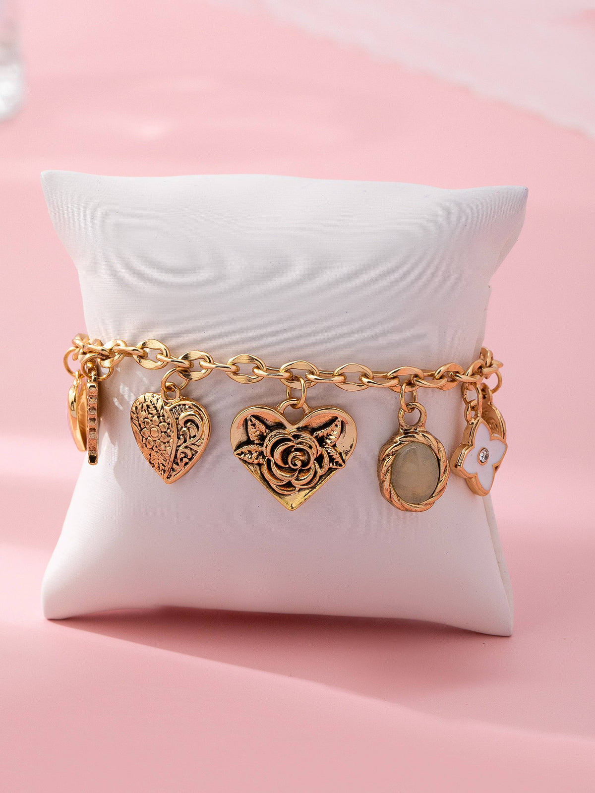 Charm Bracelet, Gold with Hearts & Flowers