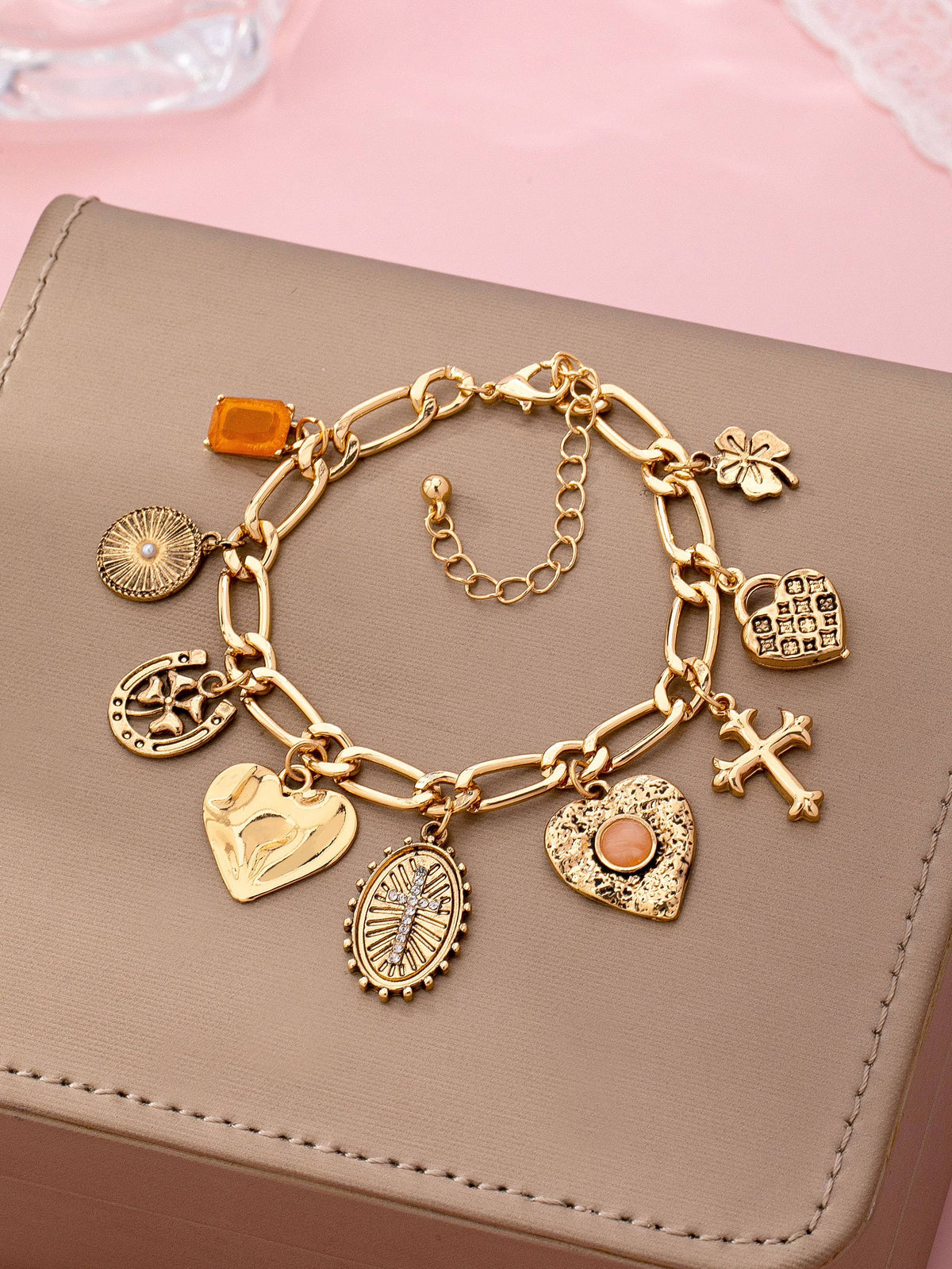 Charm Bracelet, Cross Heart Oval Motifs
