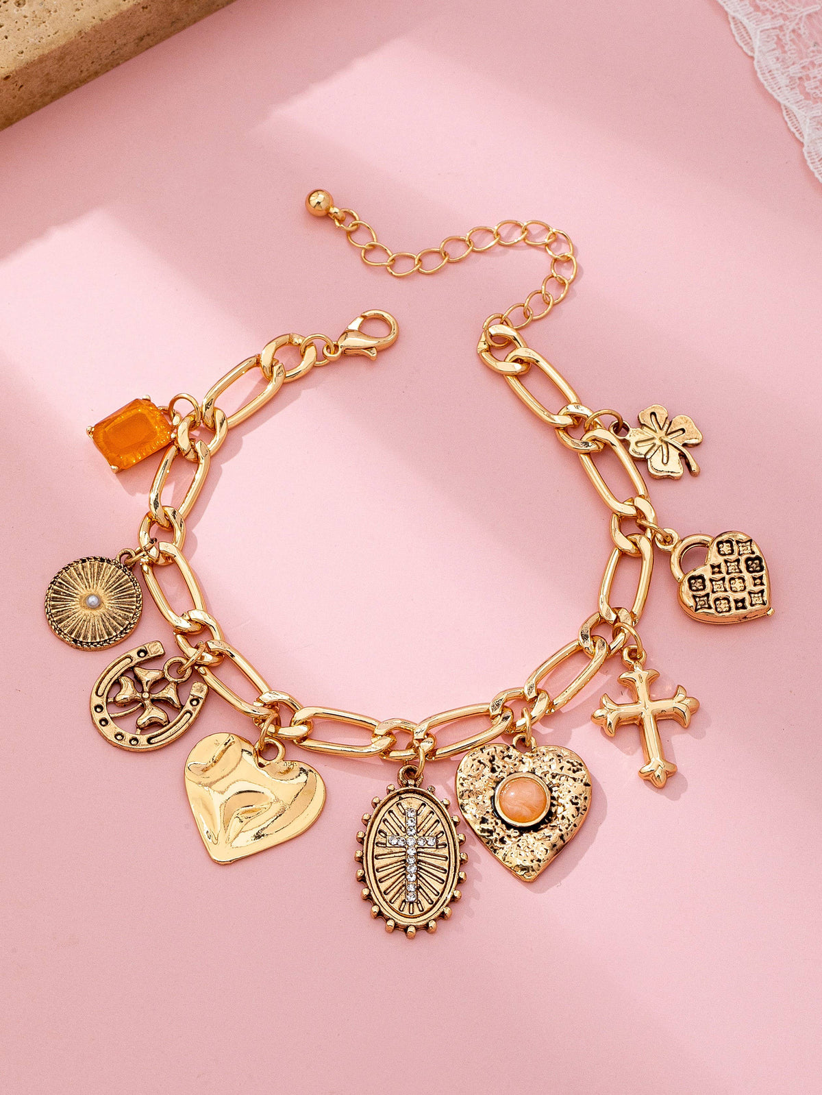 Charm Bracelet, Cross Heart Oval Motifs