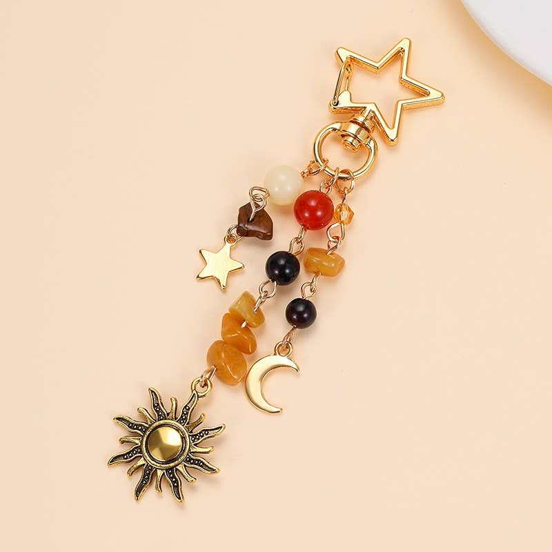 KEYCHAIN, STAINLESS CELESTIAL SUN MOON STAR BEADED