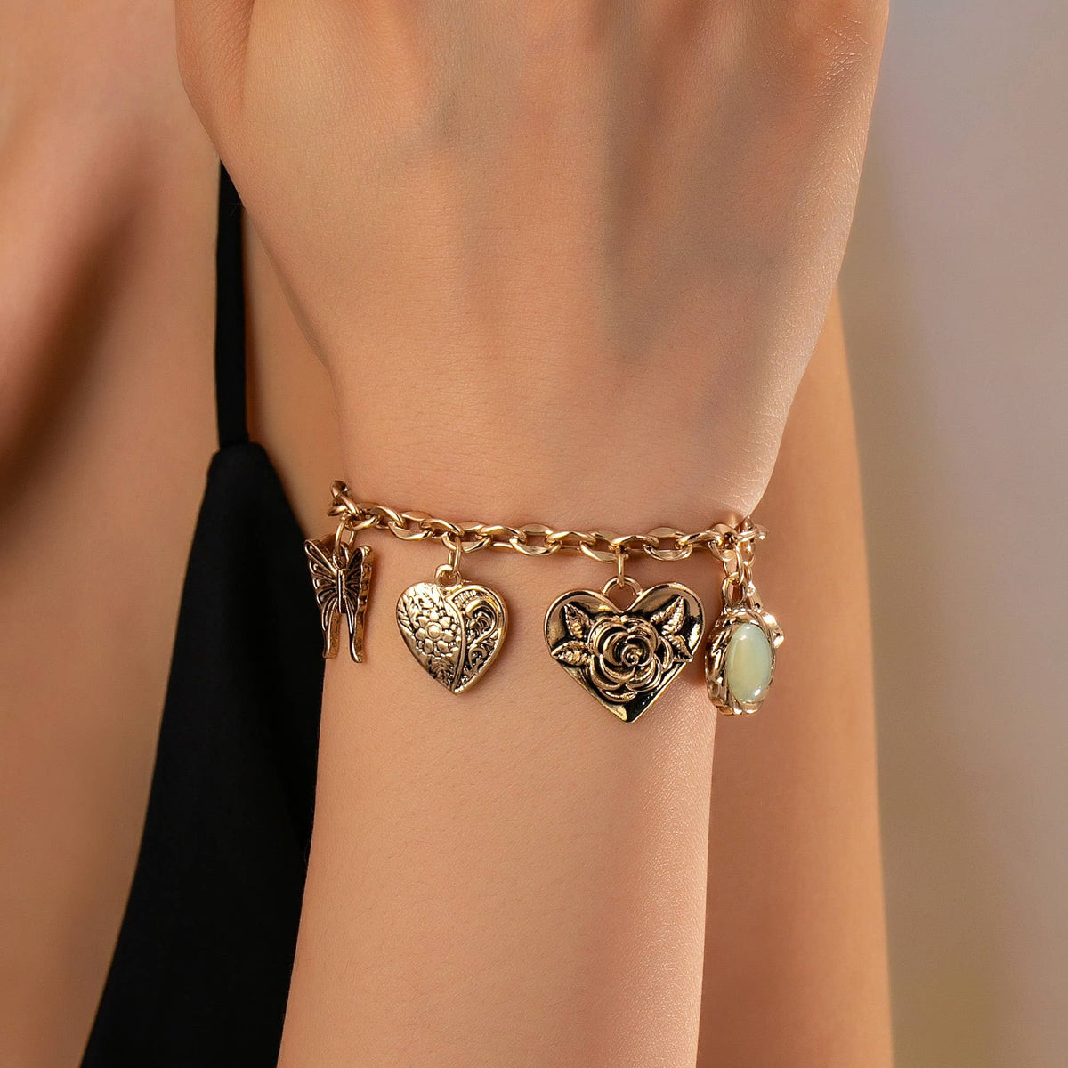 Charm Bracelet, Gold with Hearts & Flowers